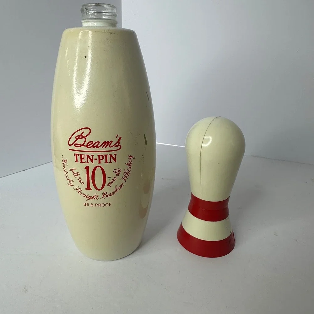 Vintage Jim Beam Ten-Pin Bowling Pin Bourbon Whiskey Decanter Cream Red 10 Year